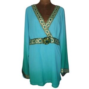 NWT DG2 by Diane Gilman Blouse Size L Jewel Embellished Gold‎ Foil Blue Boho